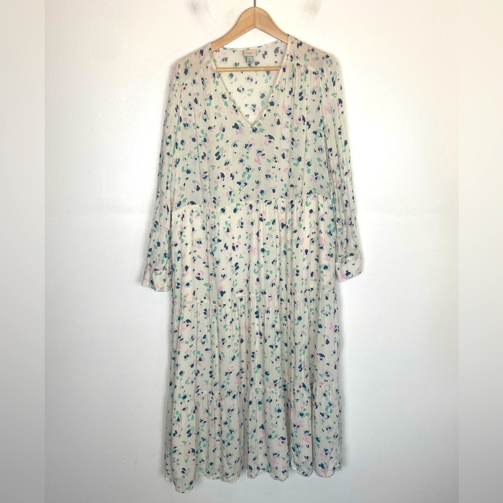 A New Day Boho Long Sleeves Maxi‎ Dress Size M White Multicolor Side Pockets